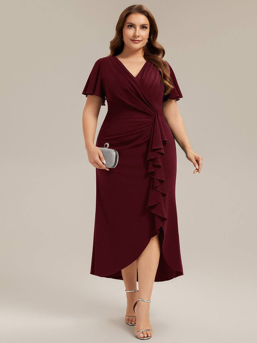 Thigh-High Slit Knit Ruffle Sleeve Wedding Guest Dress #color_Burgundy