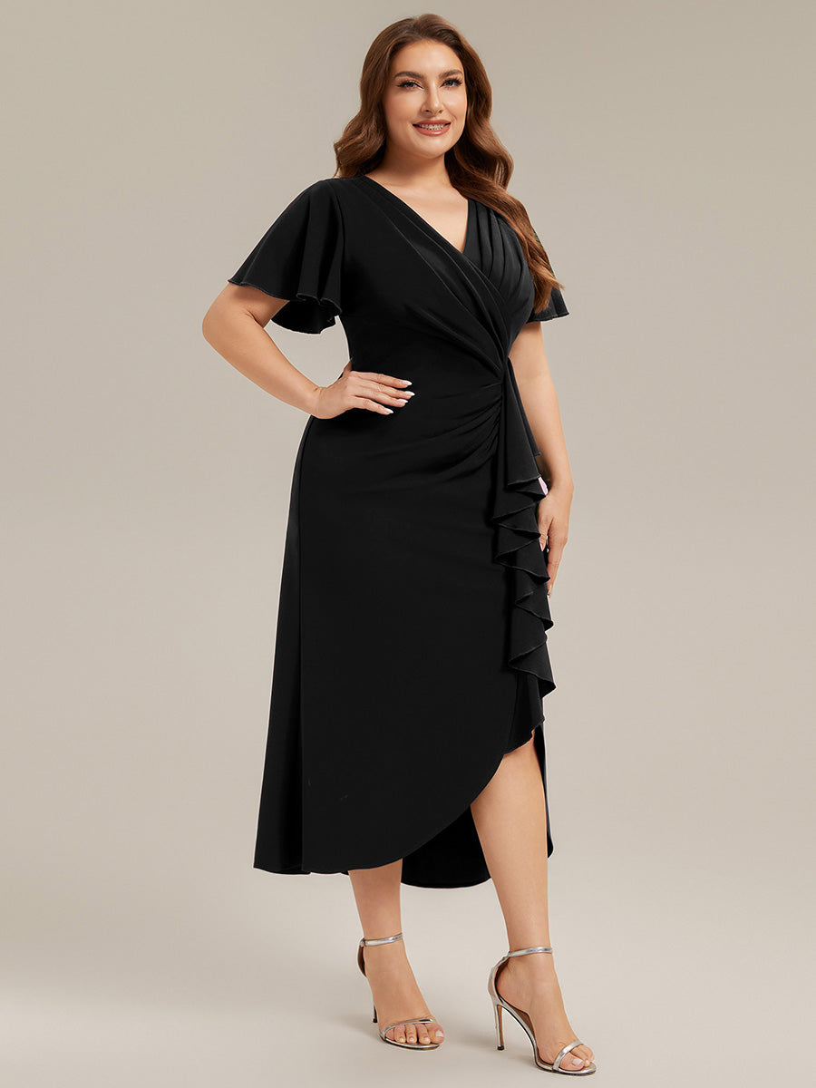 Thigh-High Slit Knit Ruffle Sleeve Wedding Guest Dress #color_Black