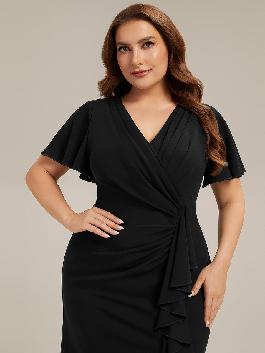 Thigh-High Slit Knit Ruffle Sleeve Wedding Guest Dress #color_Black