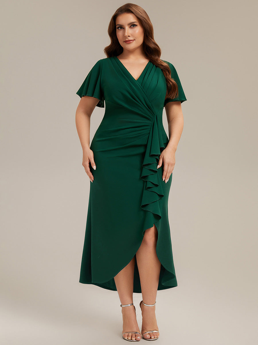 Thigh-High Slit Knit Ruffle Sleeve Wedding Guest Dress #color_Dark Green