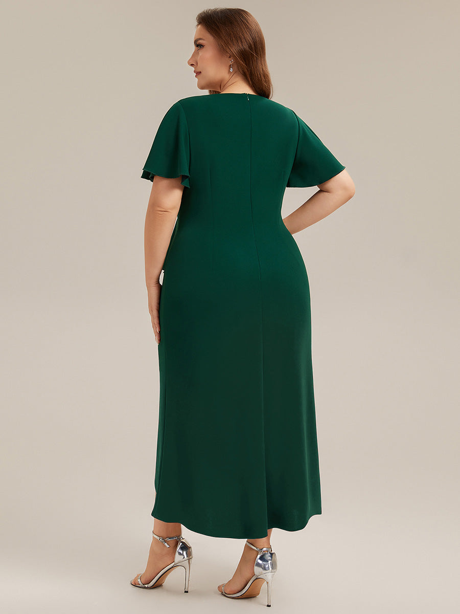 Thigh-High Slit Knit Ruffle Sleeve Wedding Guest Dress #color_Dark Green