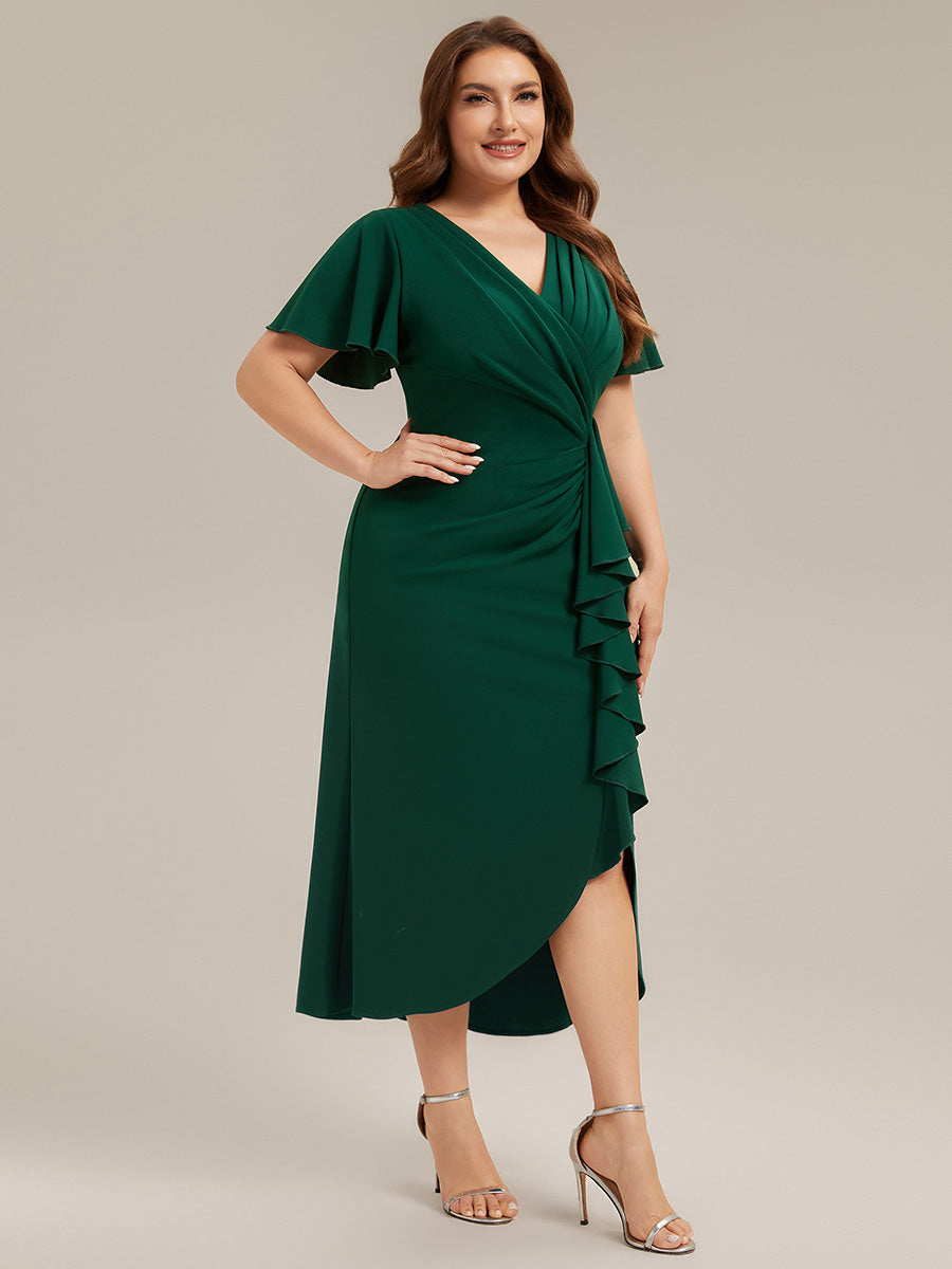Thigh-High Slit Knit Ruffle Sleeve Wedding Guest Dress #color_Dark Green