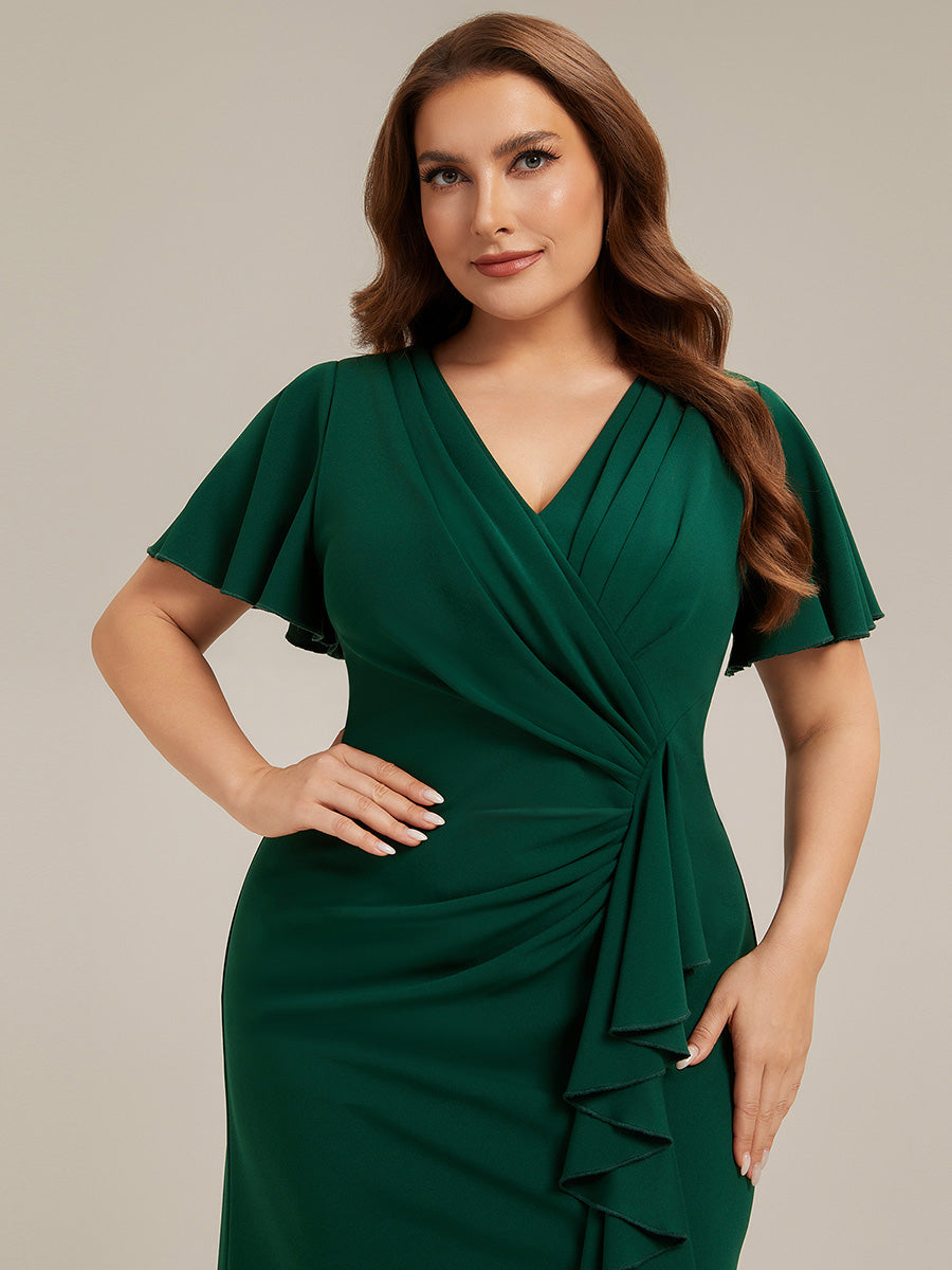 Thigh-High Slit Knit Ruffle Sleeve Wedding Guest Dress #color_Dark Green