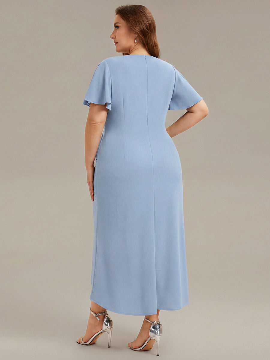 Thigh-High Slit Knit Ruffle Sleeve Wedding Guest Dress #color_Ice Blue