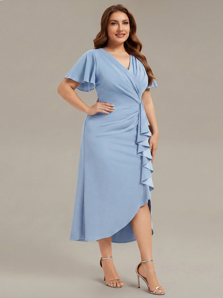 Thigh-High Slit Knit Ruffle Sleeve Wedding Guest Dress #color_Ice Blue