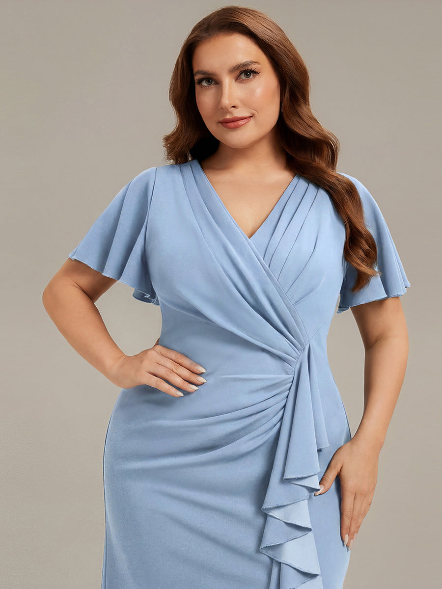 Thigh-High Slit Knit Ruffle Sleeve Wedding Guest Dress #color_Ice Blue