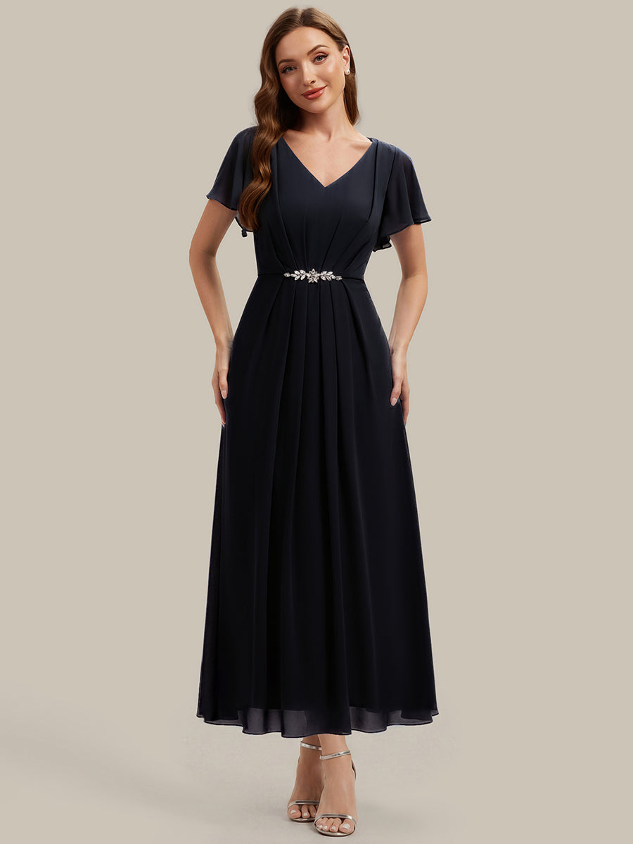 Rhinestone Embellished Chiffon Ruffle Sleeve Wedding Guest Dress #color_Black