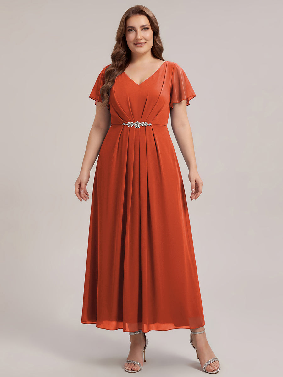 Rhinestone Embellished Chiffon Ruffle Sleeve Wedding Guest Dress #color_Burnt Orange