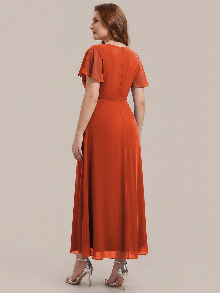 Rhinestone Embellished Chiffon Ruffle Sleeve Wedding Guest Dress #color_Burnt Orange