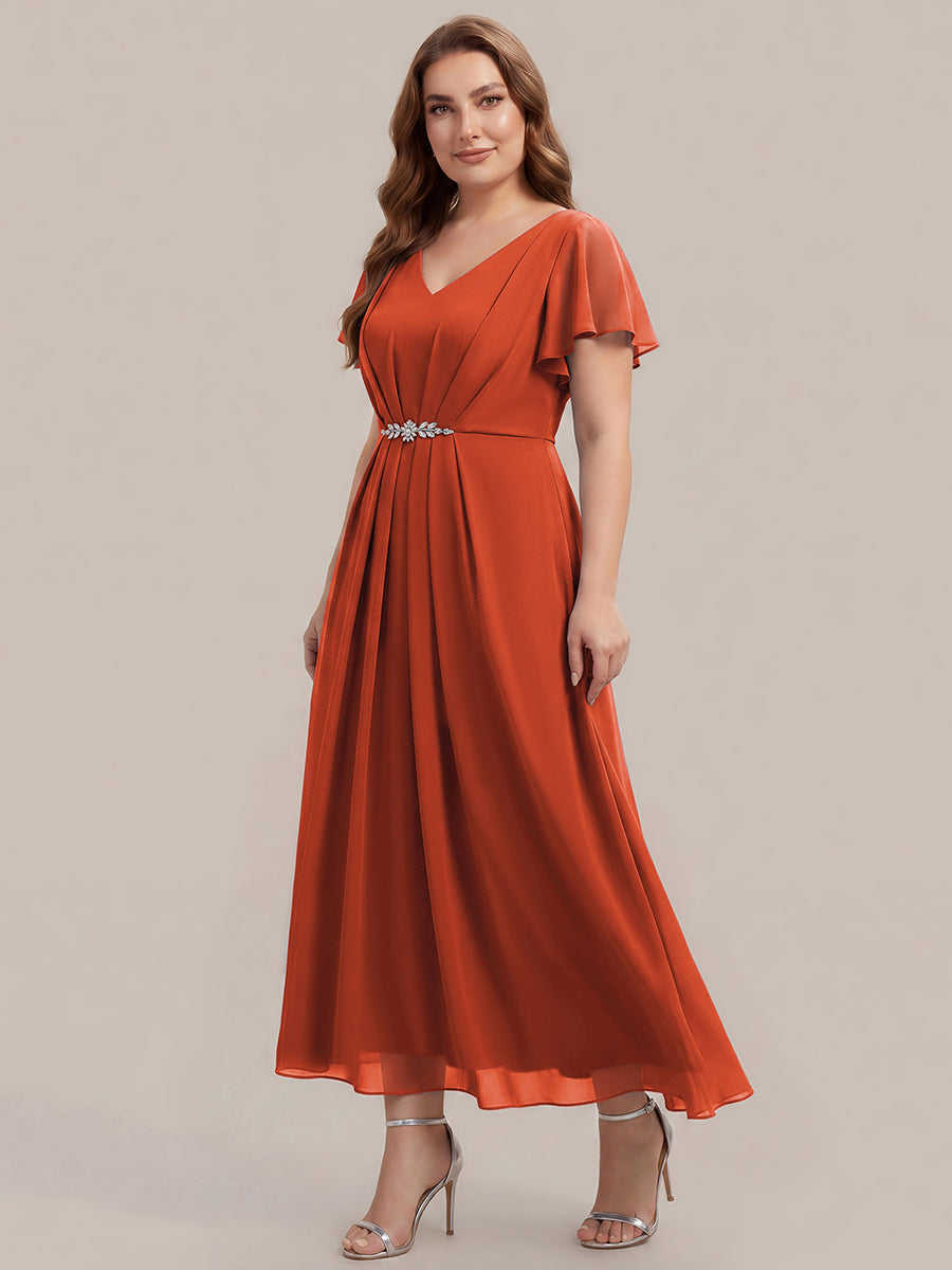 Rhinestone Embellished Chiffon Ruffle Sleeve Wedding Guest Dress #color_Burnt Orange