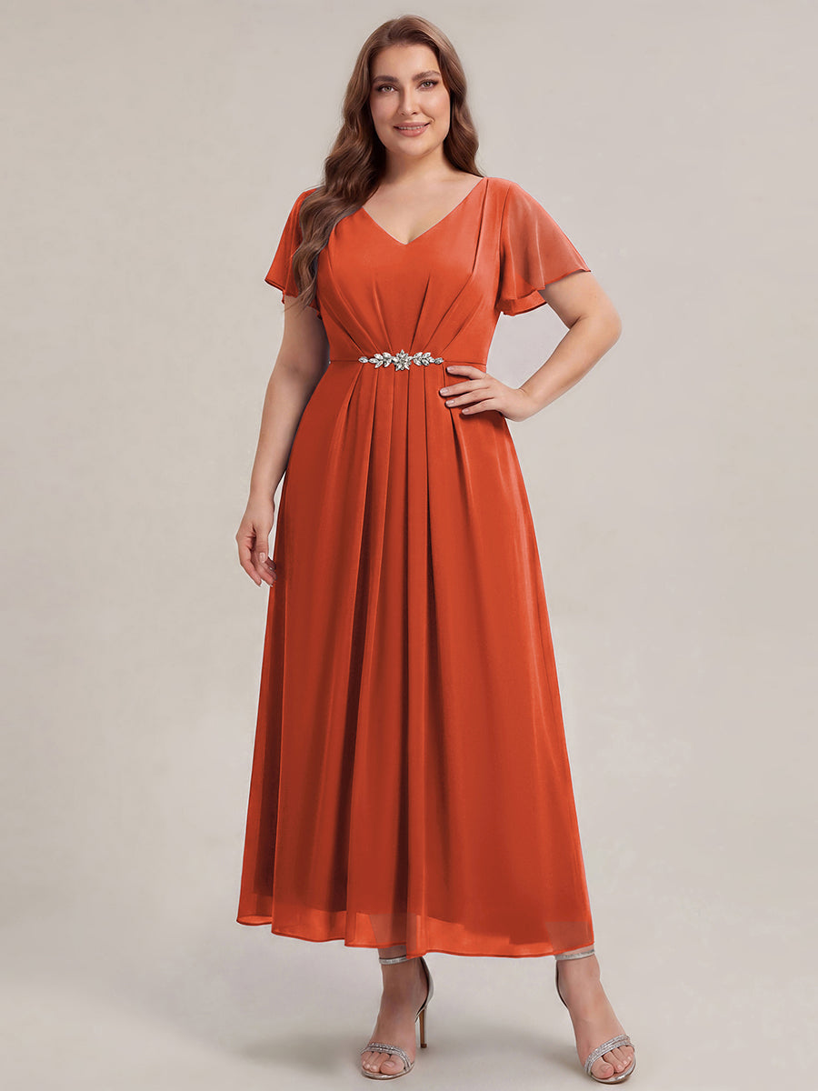 Rhinestone Embellished Chiffon Ruffle Sleeve Wedding Guest Dress #color_Burnt Orange