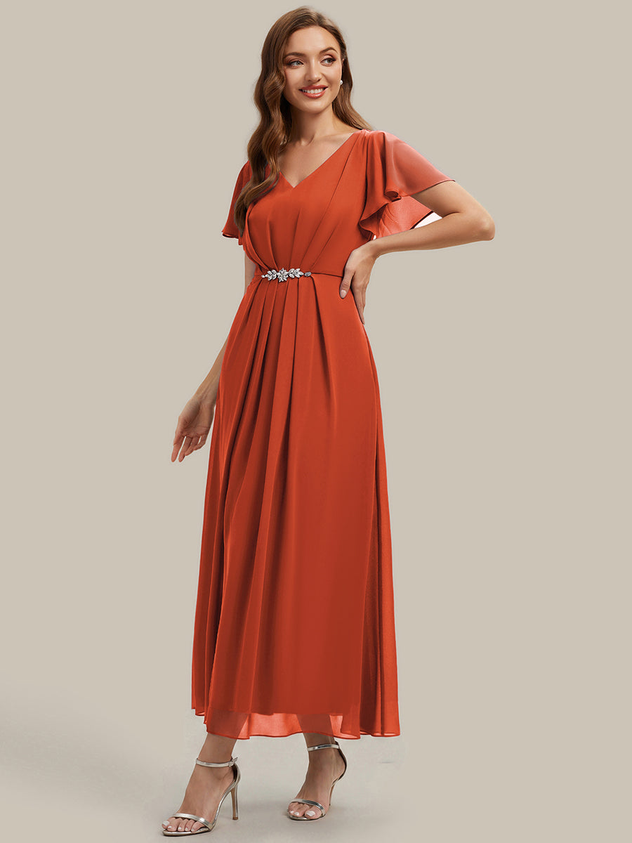 Rhinestone Embellished Chiffon Ruffle Sleeve Wedding Guest Dress #color_Burnt Orange