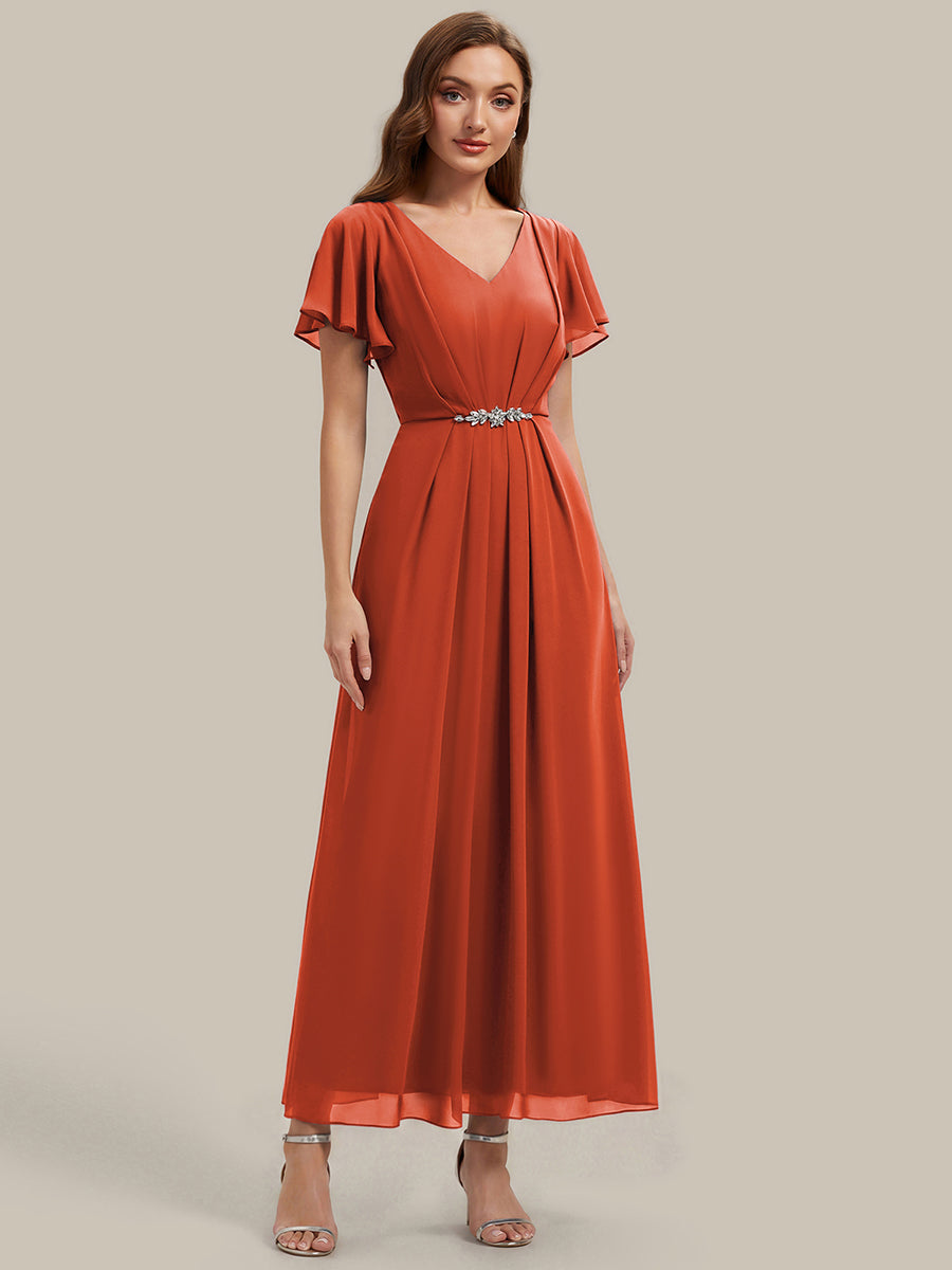 Rhinestone Embellished Chiffon Ruffle Sleeve Wedding Guest Dress #color_Burnt Orange