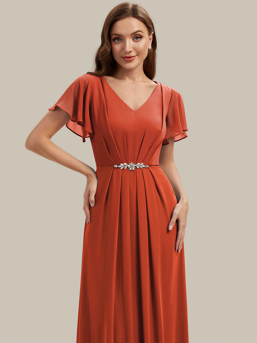 Rhinestone Embellished Chiffon Ruffle Sleeve Wedding Guest Dress #color_Burnt Orange