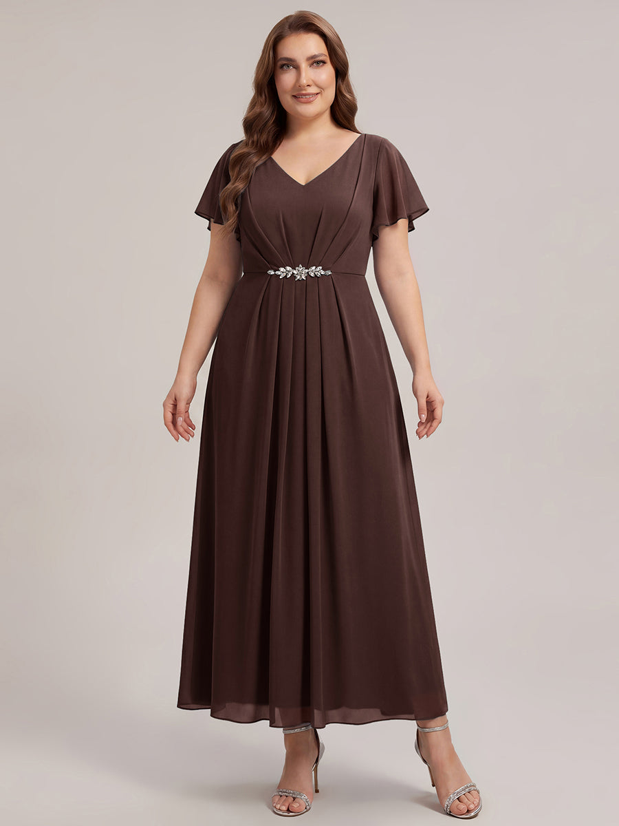 Rhinestone Embellished Chiffon Ruffle Sleeve Wedding Guest Dress #color_Chocolate Brown