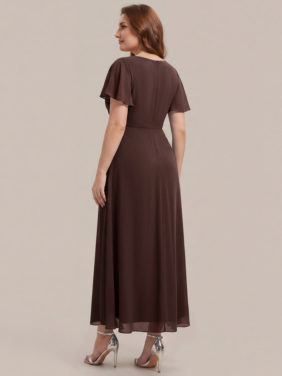Rhinestone Embellished Chiffon Ruffle Sleeve Wedding Guest Dress #color_Chocolate Brown