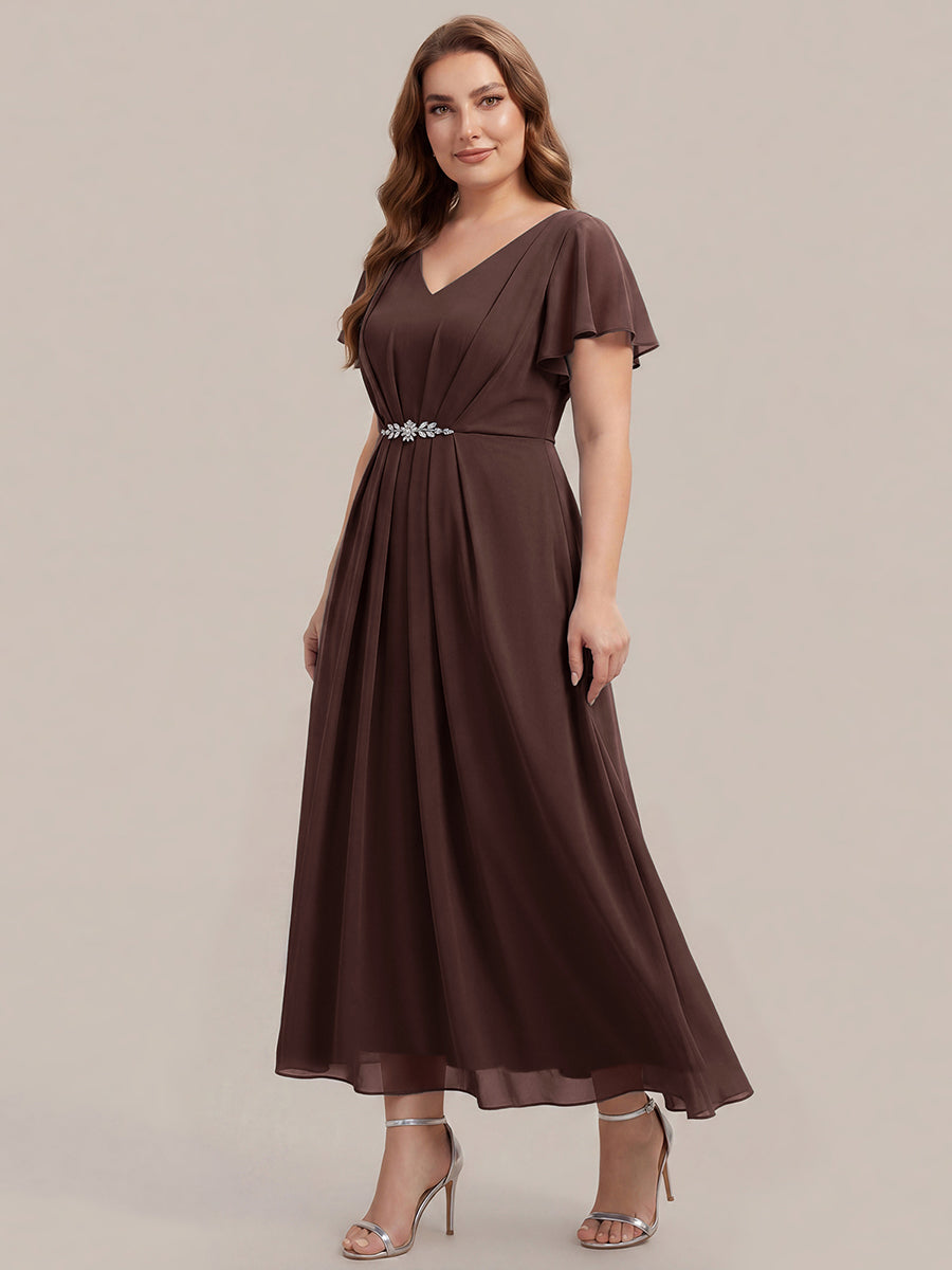 Rhinestone Embellished Chiffon Ruffle Sleeve Wedding Guest Dress #color_Chocolate Brown