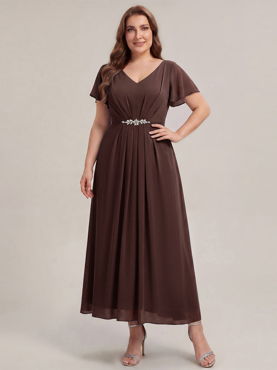 Rhinestone Embellished Chiffon Ruffle Sleeve Wedding Guest Dress #color_Chocolate Brown