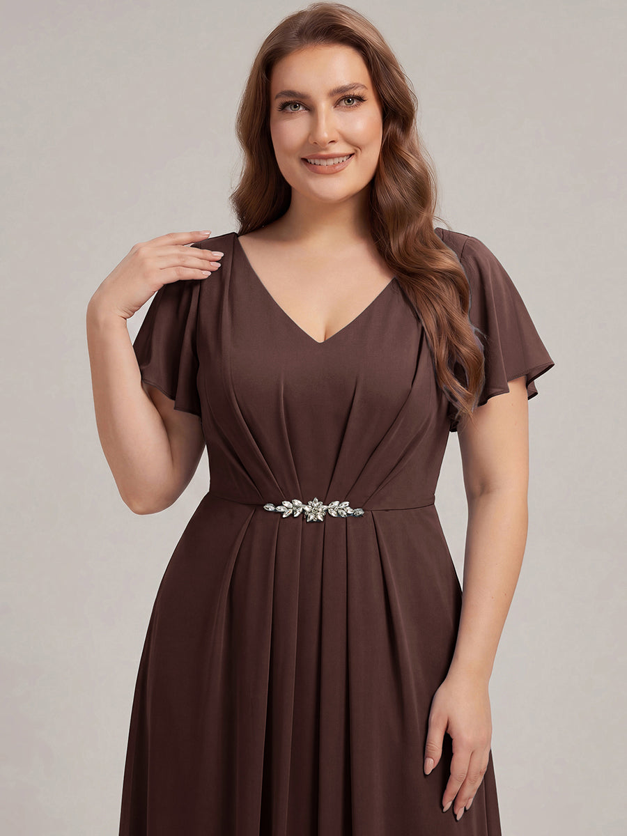 Rhinestone Embellished Chiffon Ruffle Sleeve Wedding Guest Dress #color_Chocolate Brown