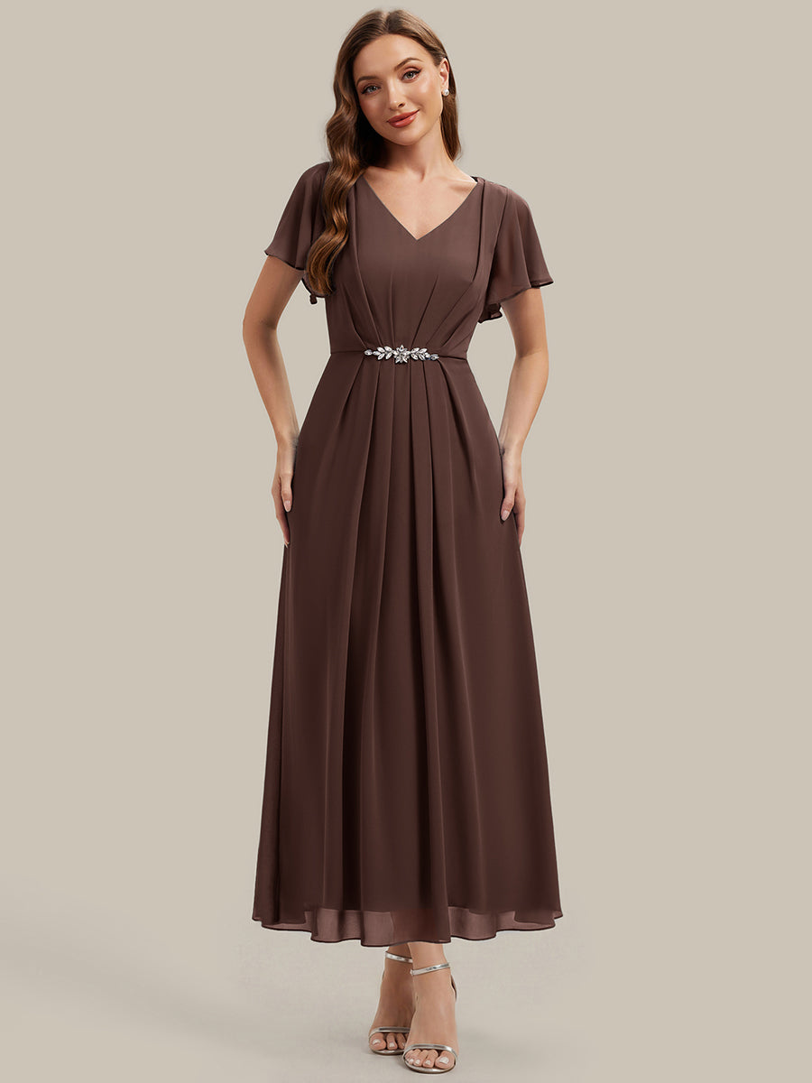 Rhinestone Embellished Chiffon Ruffle Sleeve Wedding Guest Dress #color_Chocolate Brown