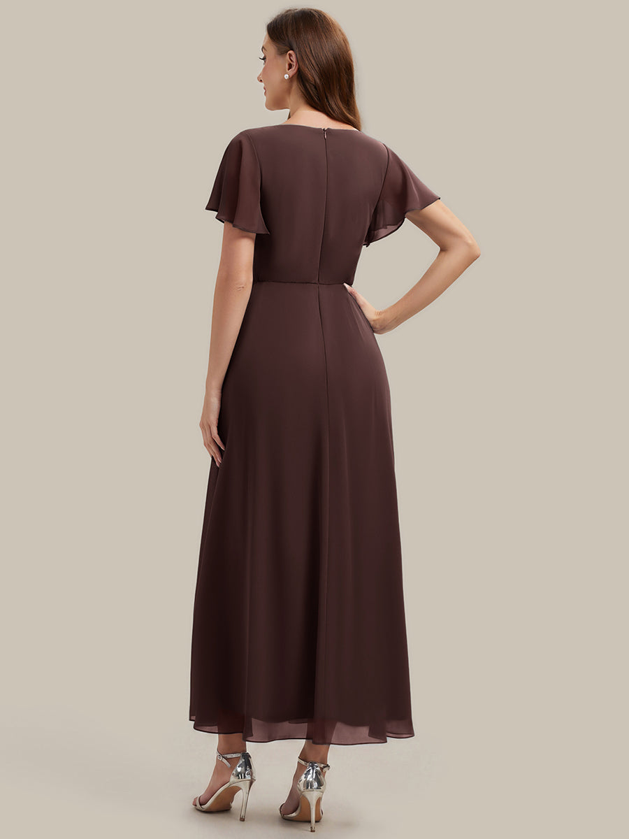Rhinestone Embellished Chiffon Ruffle Sleeve Wedding Guest Dress #color_Chocolate Brown
