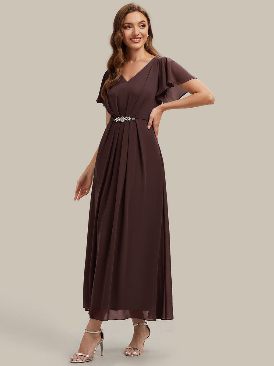 Rhinestone Embellished Chiffon Ruffle Sleeve Wedding Guest Dress #color_Chocolate Brown