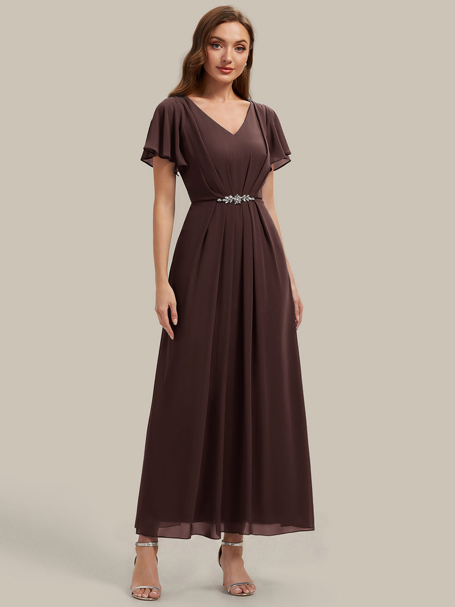 Rhinestone Embellished Chiffon Ruffle Sleeve Wedding Guest Dress #color_Chocolate Brown
