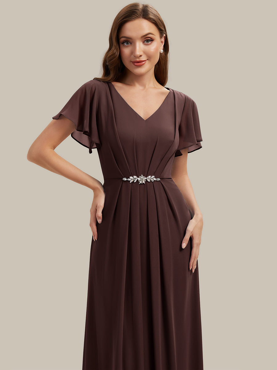 Rhinestone Embellished Chiffon Ruffle Sleeve Wedding Guest Dress #color_Chocolate Brown