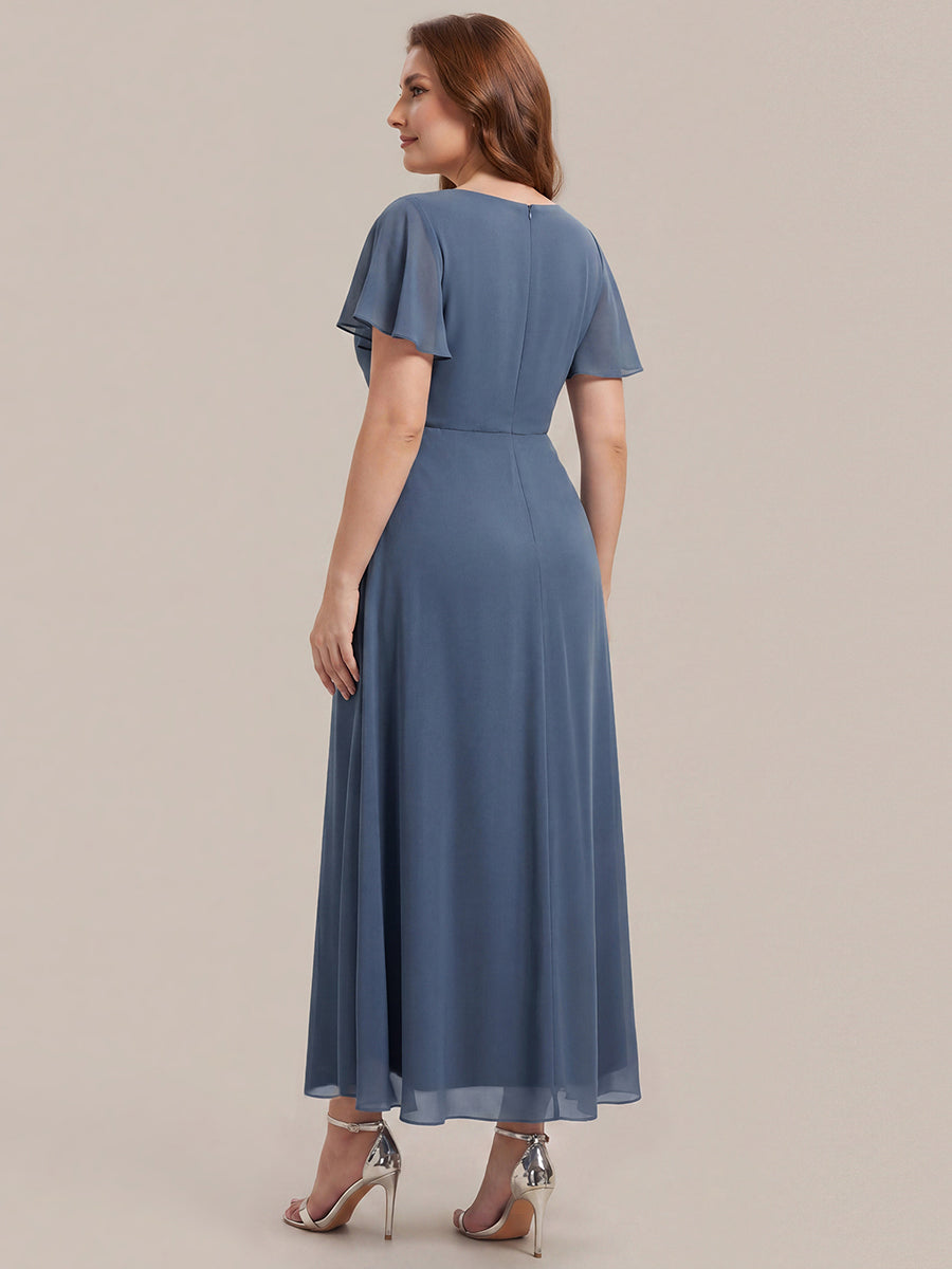 Rhinestone Embellished Chiffon Ruffle Sleeve Wedding Guest Dress #color_Dusty Blue