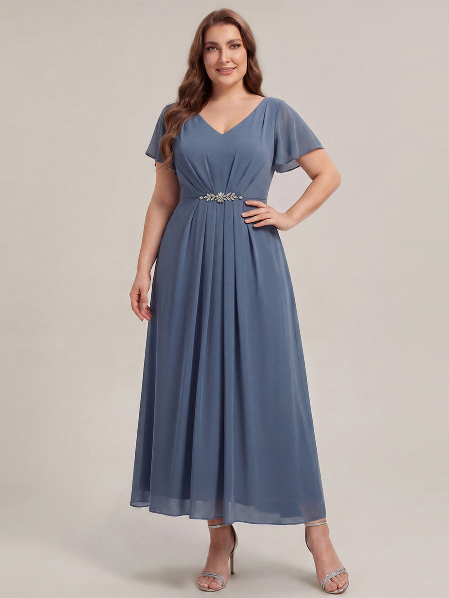 Rhinestone Embellished Chiffon Ruffle Sleeve Wedding Guest Dress #color_Dusty Blue