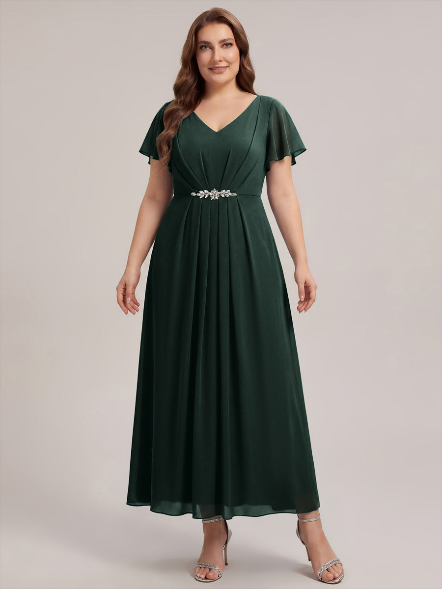 Rhinestone Embellished Chiffon Ruffle Sleeve Wedding Guest Dress #color_Dark Forest Green
