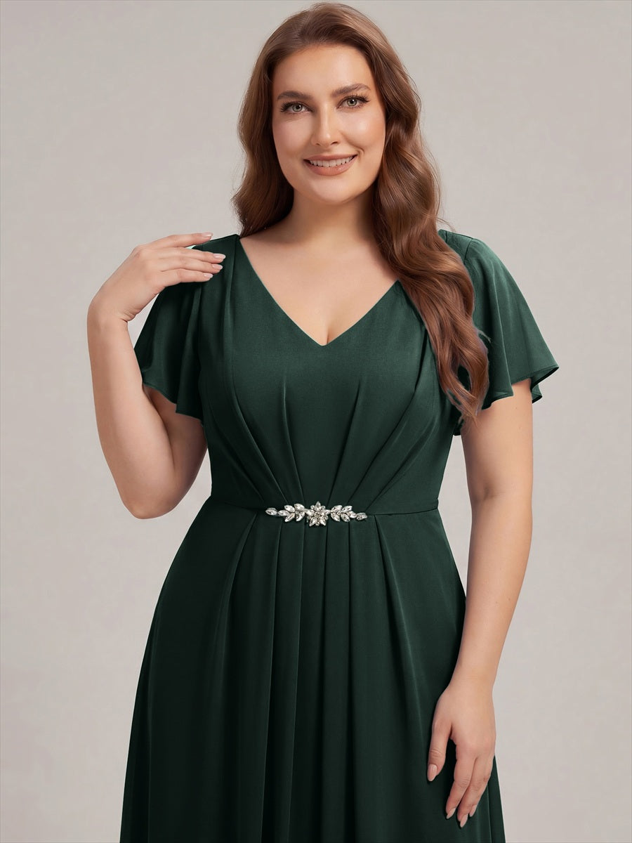 Rhinestone Embellished Chiffon Ruffle Sleeve Wedding Guest Dress #color_Dark Forest Green