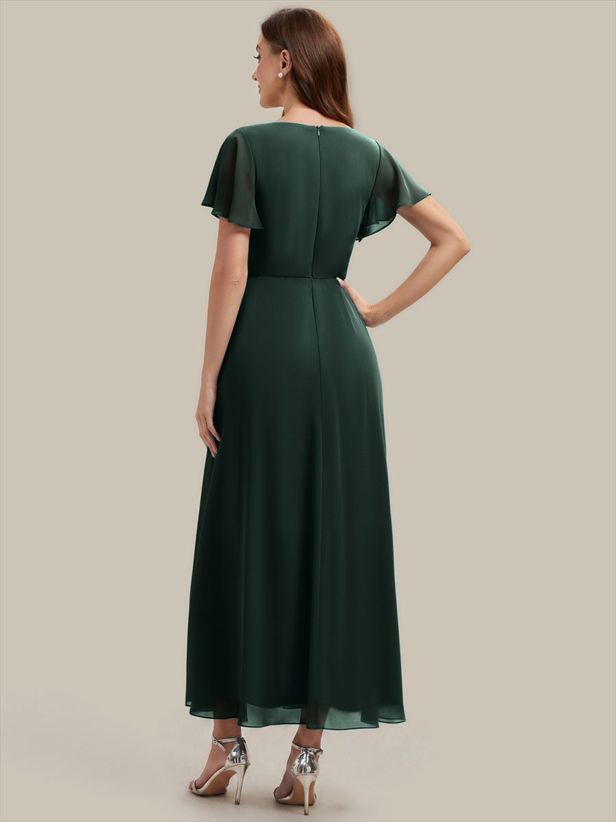 Rhinestone Embellished Chiffon Ruffle Sleeve Wedding Guest Dress #color_Dark Forest Green
