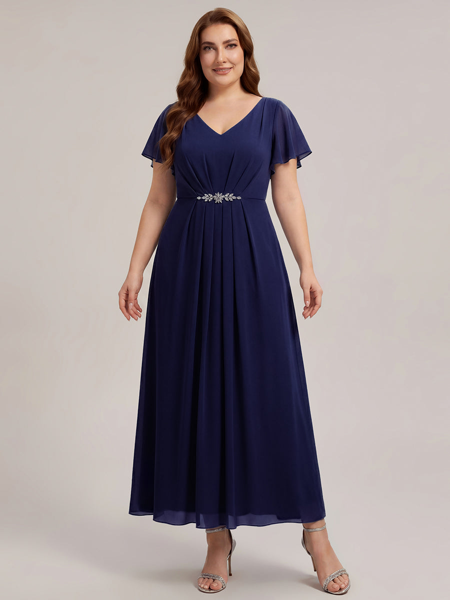 Rhinestone Embellished Chiffon Ruffle Sleeve Wedding Guest Dress #color_Navy Blue