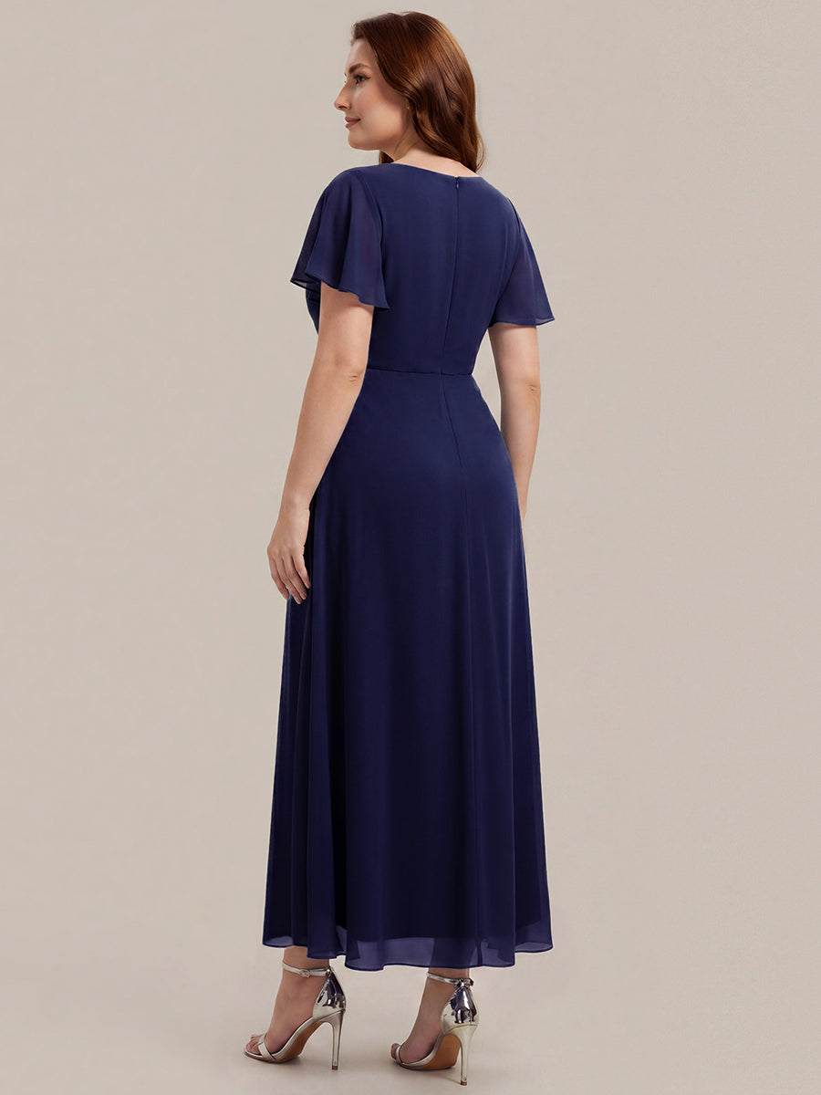 Rhinestone Embellished Chiffon Ruffle Sleeve Wedding Guest Dress #color_Navy Blue