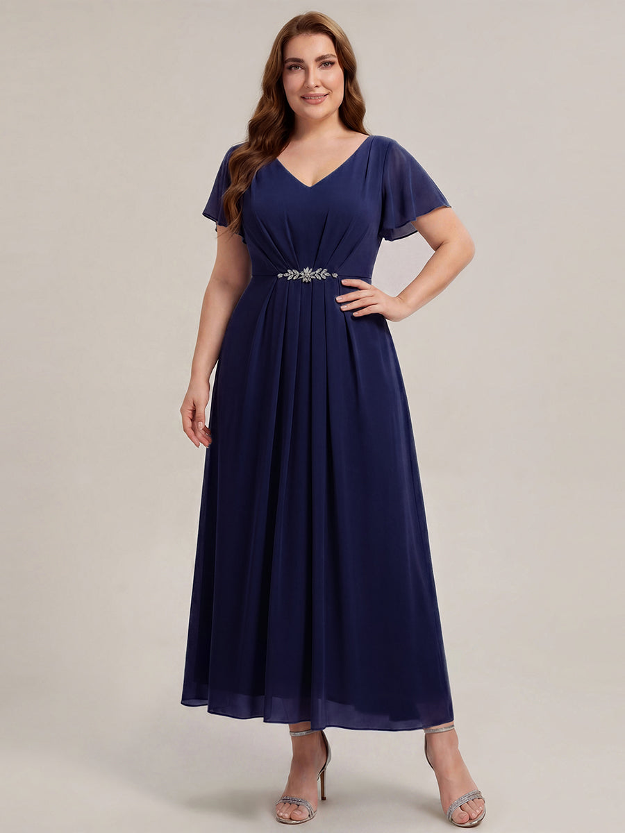 Rhinestone Embellished Chiffon Ruffle Sleeve Wedding Guest Dress #color_Navy Blue