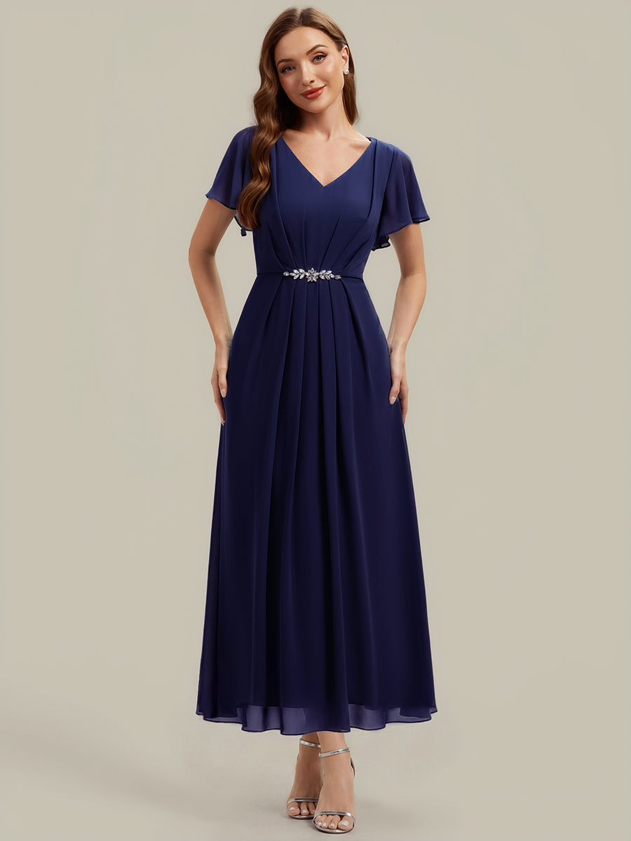 Rhinestone Embellished Chiffon Ruffle Sleeve Wedding Guest Dress #color_Navy Blue