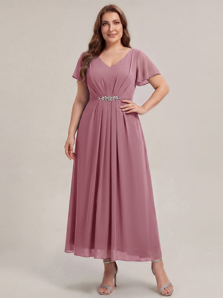 Rhinestone Embellished Chiffon Ruffle Sleeve Wedding Guest Dress #color_Purple Orchid