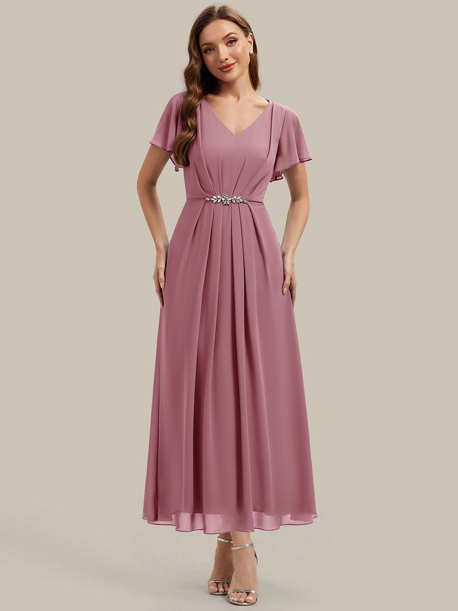 Rhinestone Embellished Chiffon Ruffle Sleeve Wedding Guest Dress #color_Purple Orchid