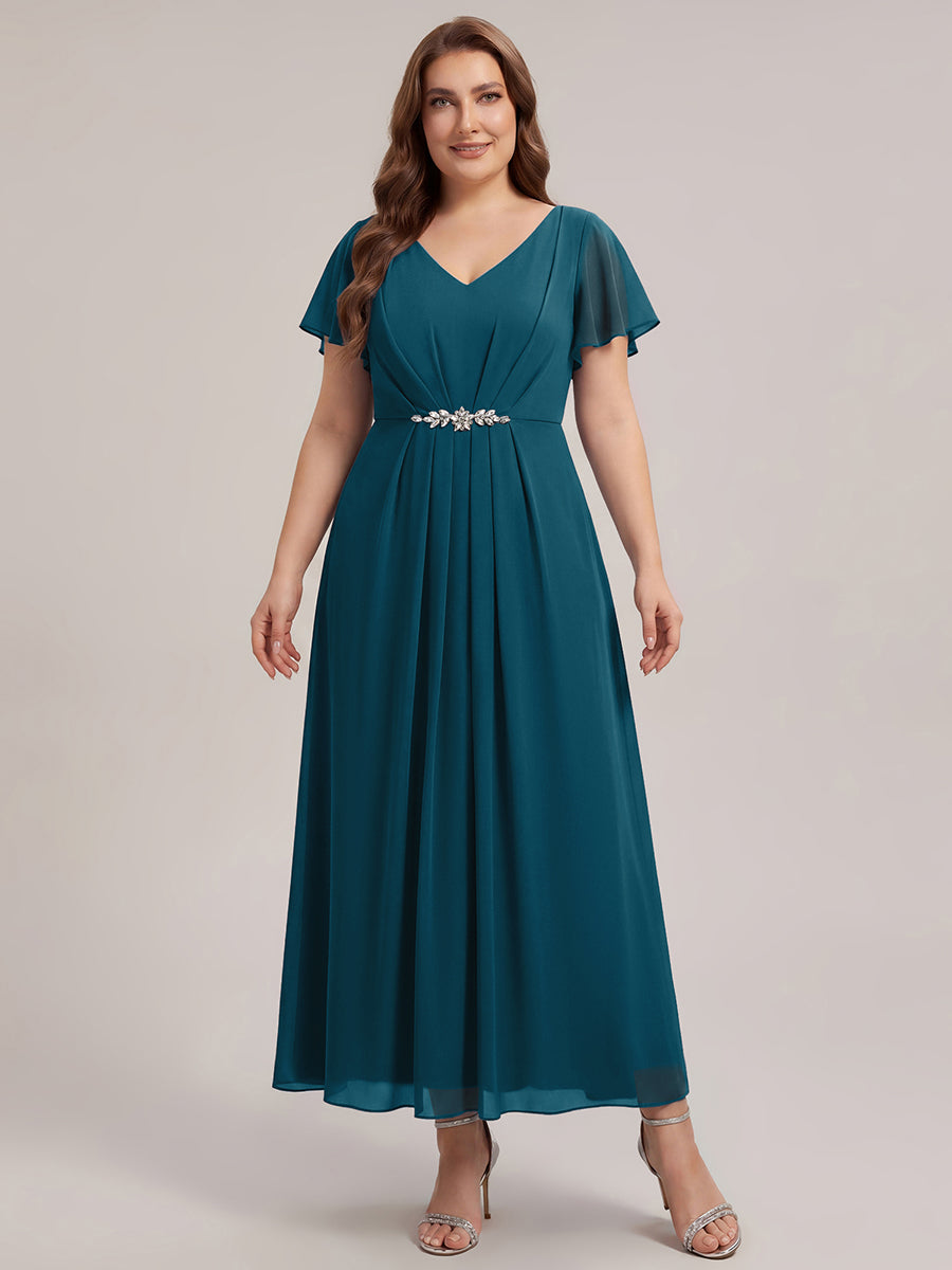 Rhinestone Embellished Chiffon Ruffle Sleeve Wedding Guest Dress #color_Teal Blue