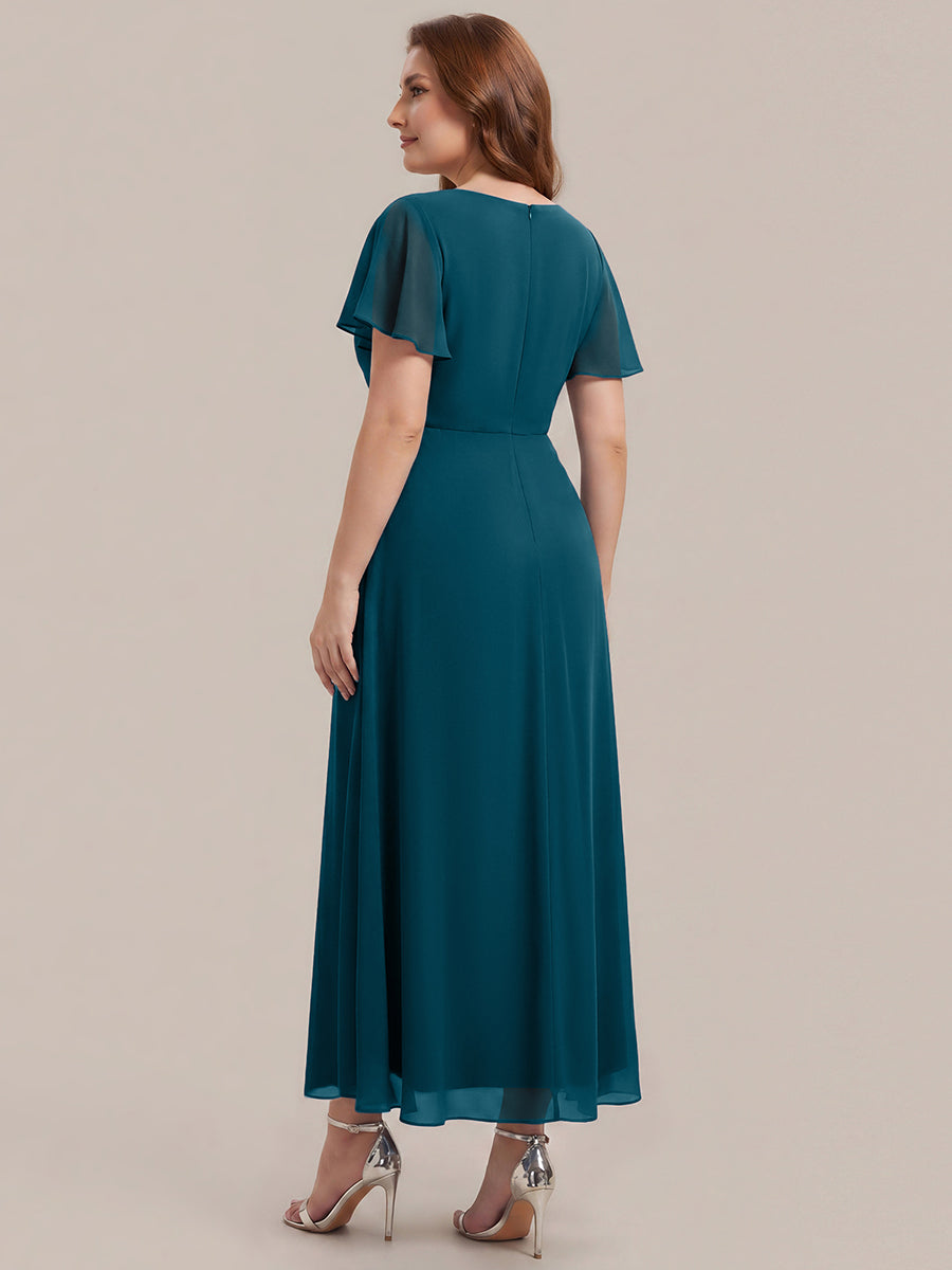 Rhinestone Embellished Chiffon Ruffle Sleeve Wedding Guest Dress #color_Teal Blue