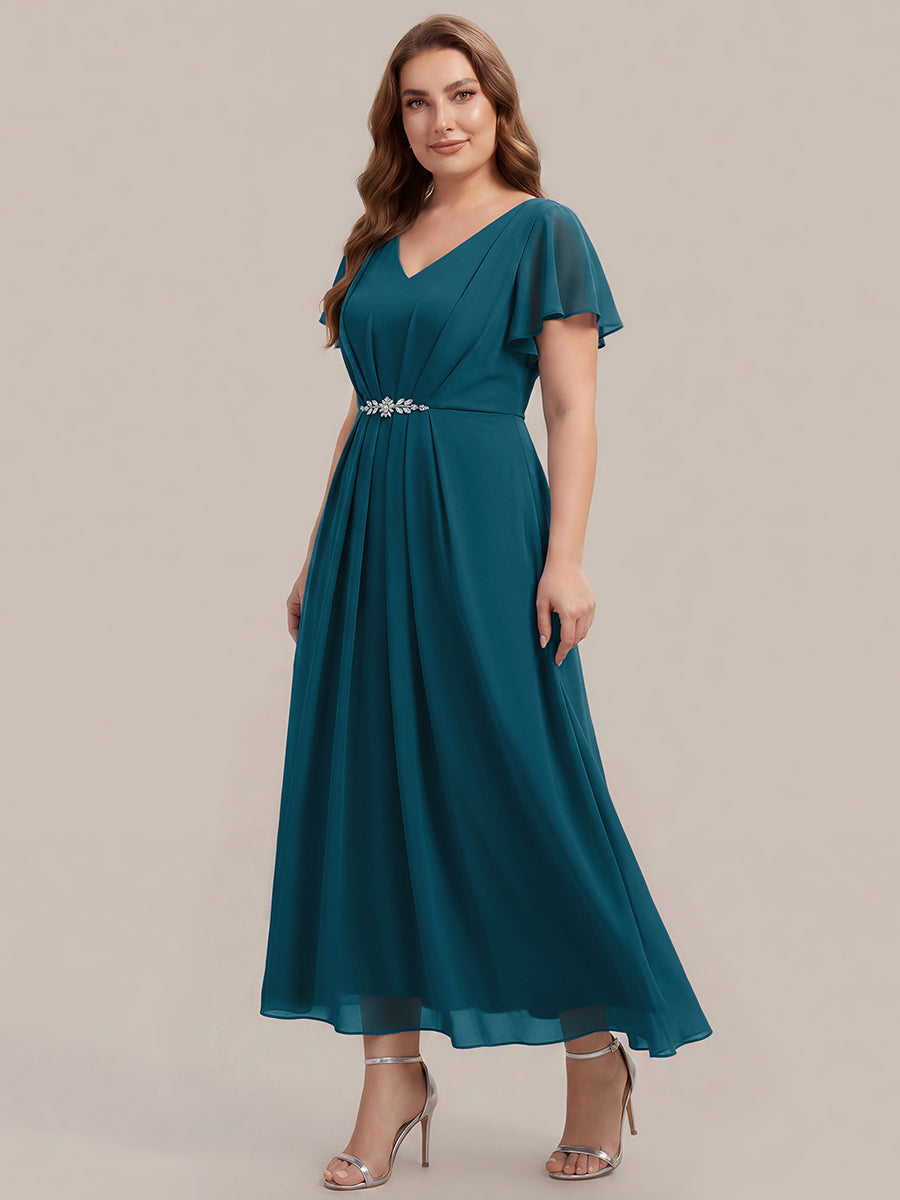 Rhinestone Embellished Chiffon Ruffle Sleeve Wedding Guest Dress #color_Teal Blue