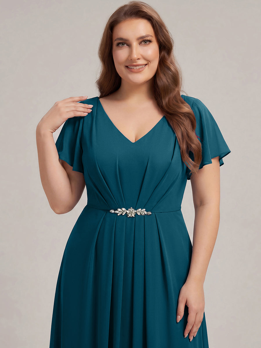 Rhinestone Embellished Chiffon Ruffle Sleeve Wedding Guest Dress #color_Teal Blue