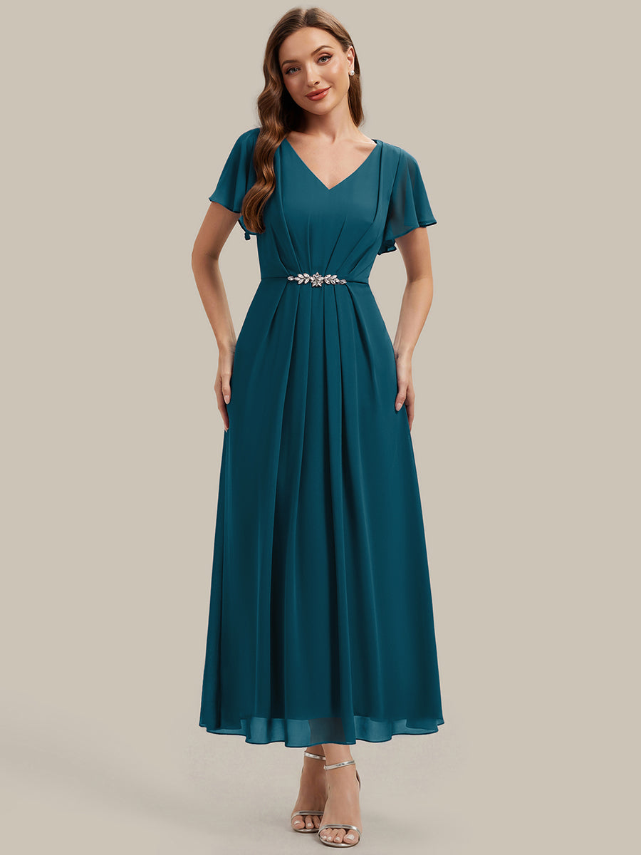 Rhinestone Embellished Chiffon Ruffle Sleeve Wedding Guest Dress #color_Teal Blue