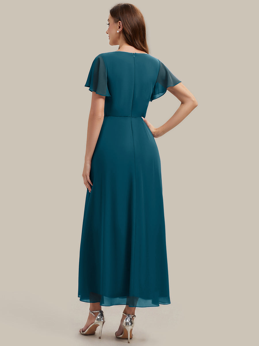 Rhinestone Embellished Chiffon Ruffle Sleeve Wedding Guest Dress #color_Teal Blue
