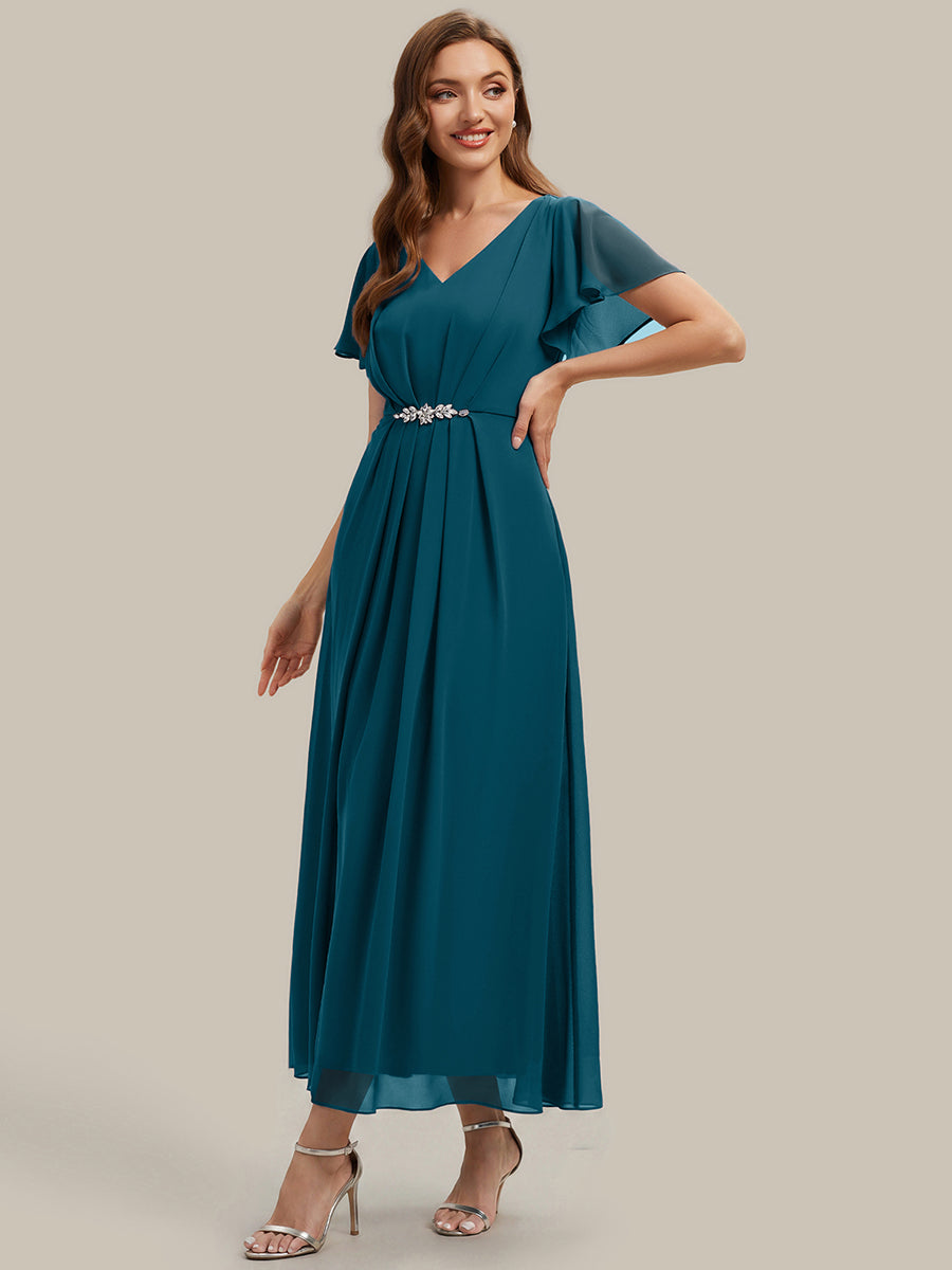 Rhinestone Embellished Chiffon Ruffle Sleeve Wedding Guest Dress #color_Teal Blue