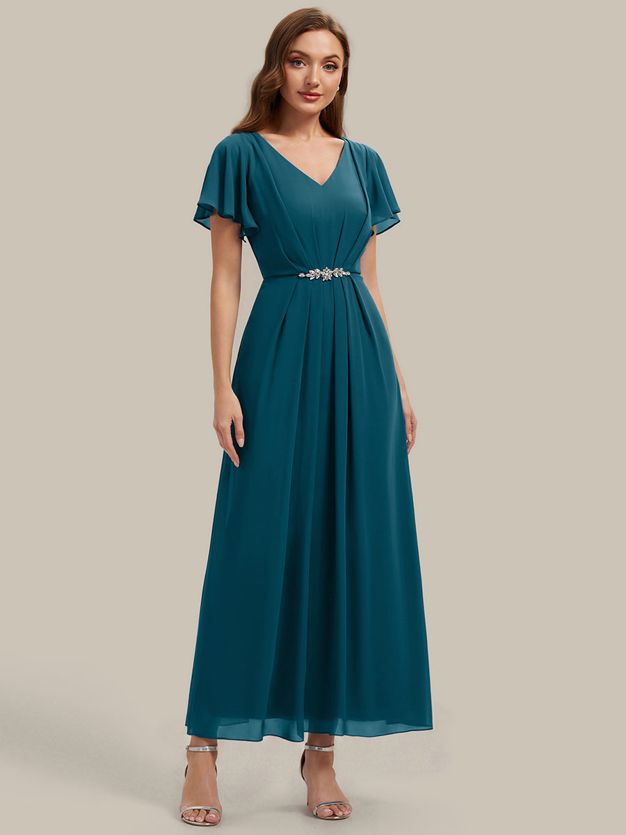 Rhinestone Embellished Chiffon Ruffle Sleeve Wedding Guest Dress #color_Teal Blue