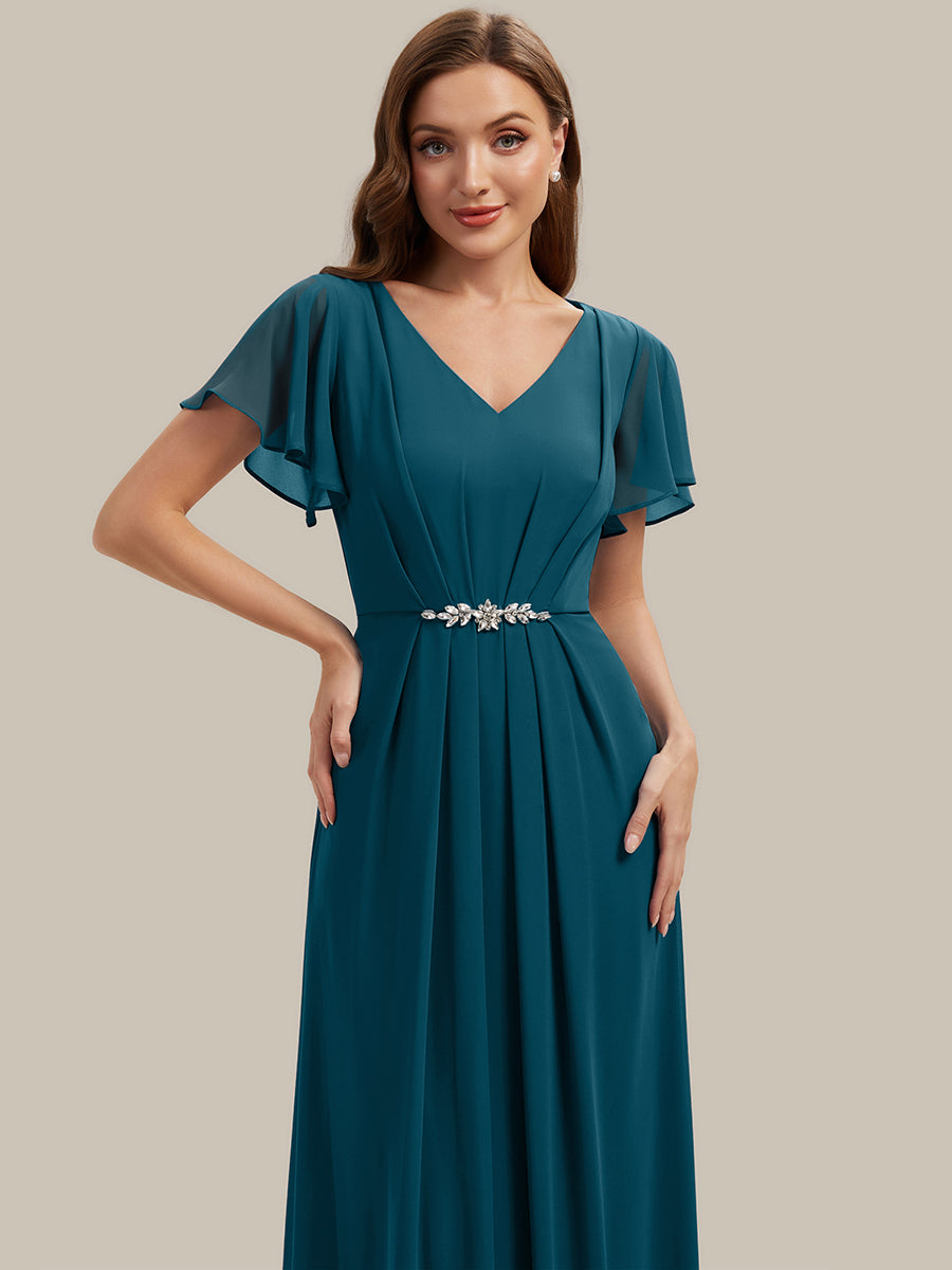 Rhinestone Embellished Chiffon Ruffle Sleeve Wedding Guest Dress #color_Teal Blue