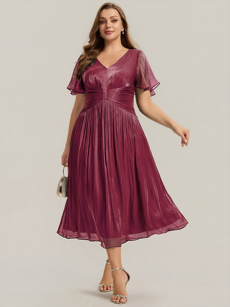 Plus Size Gathered Sea-island Wedding Guest Dress #color_Burgundy
