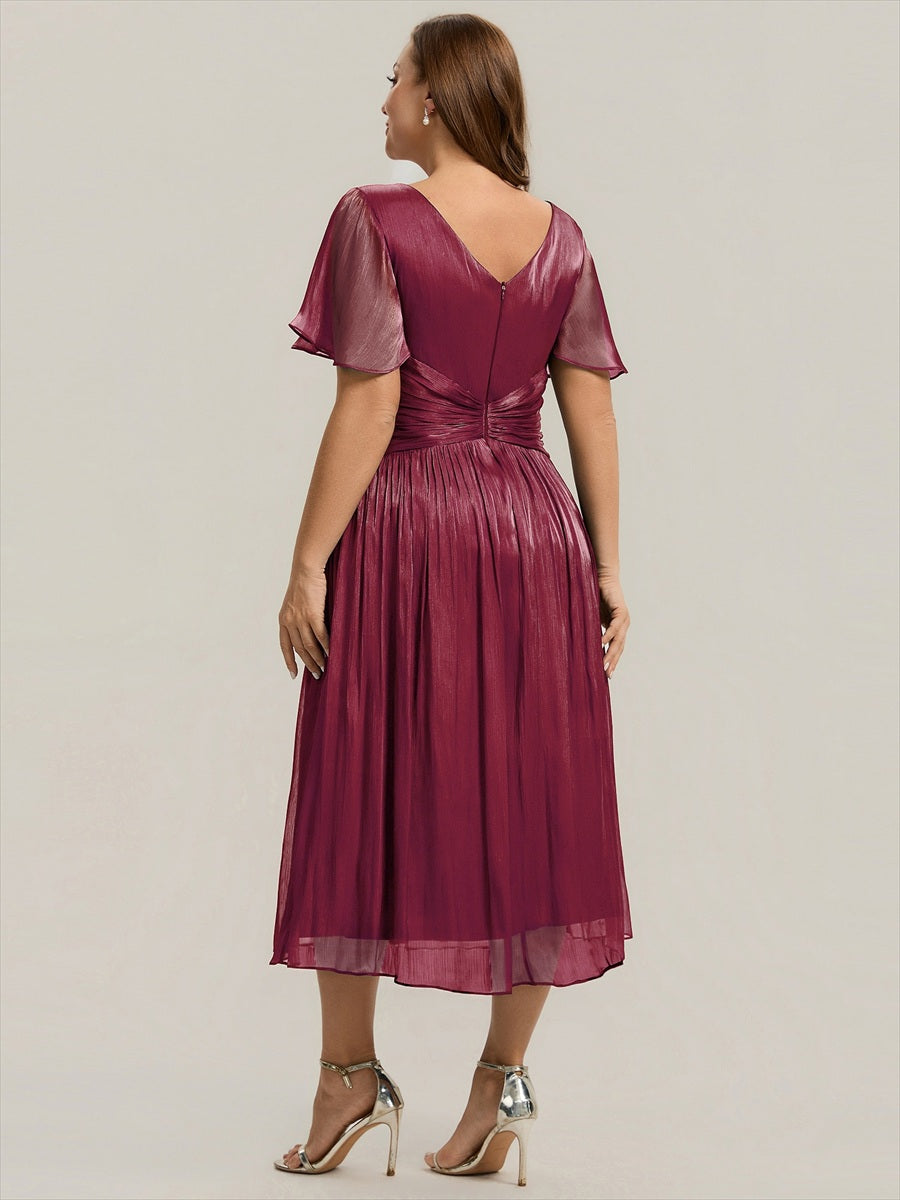 Plus Size Gathered Sea-island Wedding Guest Dress #color_Burgundy